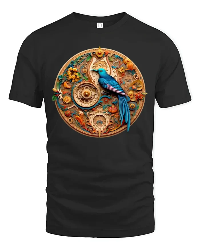 Ornate Floral Bird Tee with Intricate Vintage Mandala Design - black t-shirt on white background