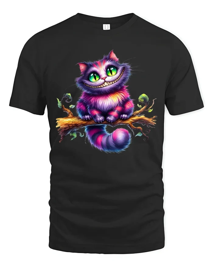 Colorful Cheshire Cat Tee with Bright Fantasy Grinning Design - black t-shirt on white background