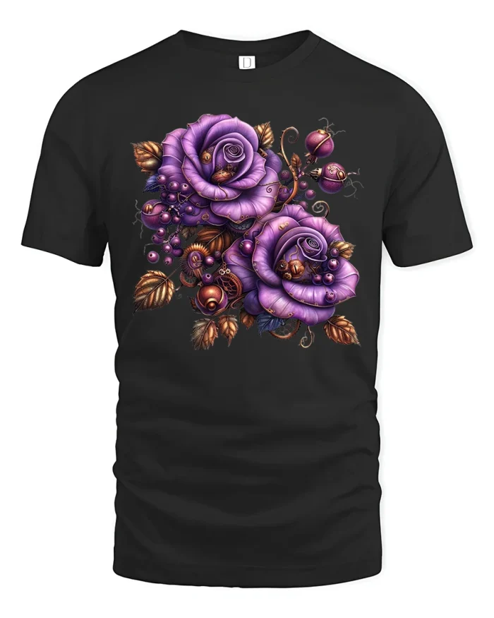 Purple Steampunk Rose Tee with Elegant Floral Gear Design - black t-shirt on white background