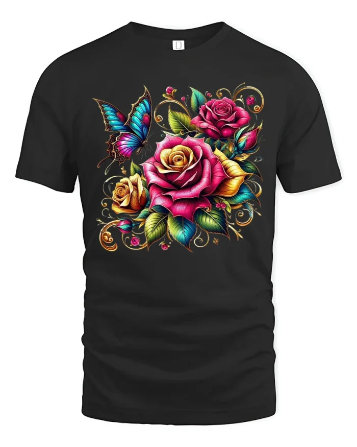Vibrant Rose Garden Butterfly Art Tee for Women and Men - black t-shirt on white background
