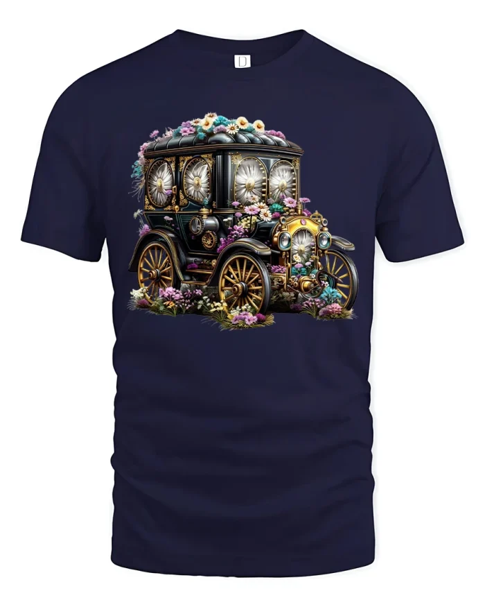 Vintage Floral Car Art Tee with Retro Flowers Design - navy t-shirt on white background
