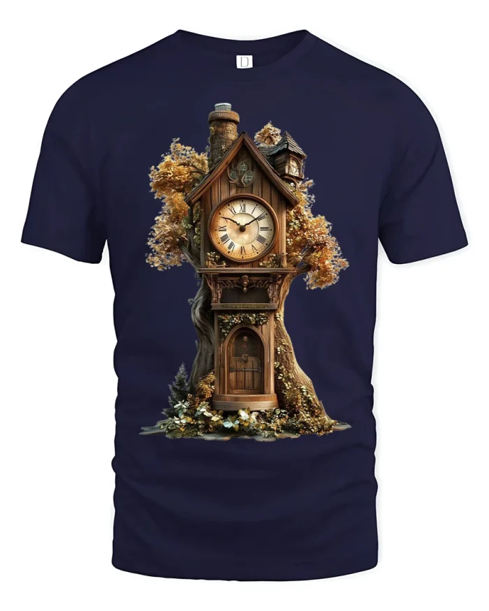 Fantasy Clock Tree House Art Tee for Dreamy Nature Lovers - navy t-shirt on white background