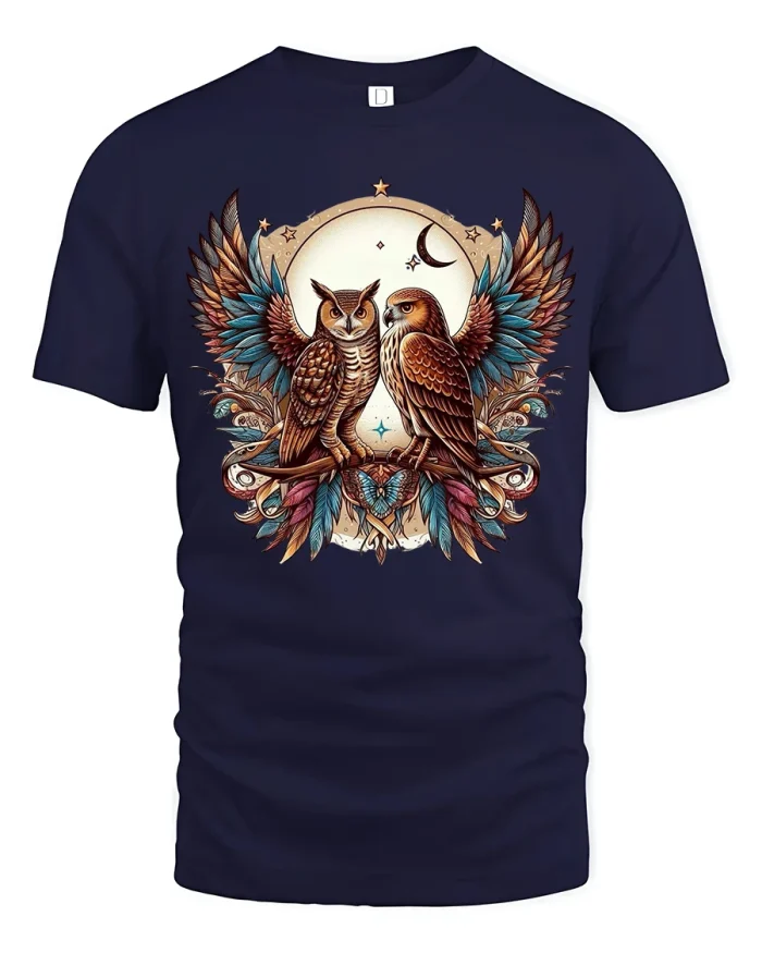 Mystic Twin Owls Art Tee with Moon and Feathers Design - navy t-shirt on white background