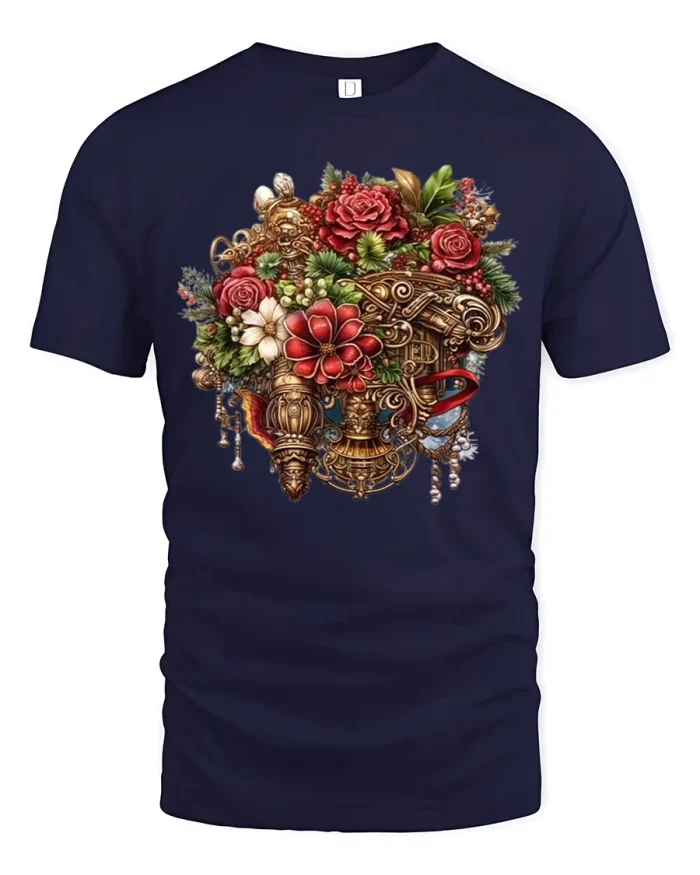 Vintage Floral Royal Vase Tee with Elegant Bloom Design - navy t-shirt on white background