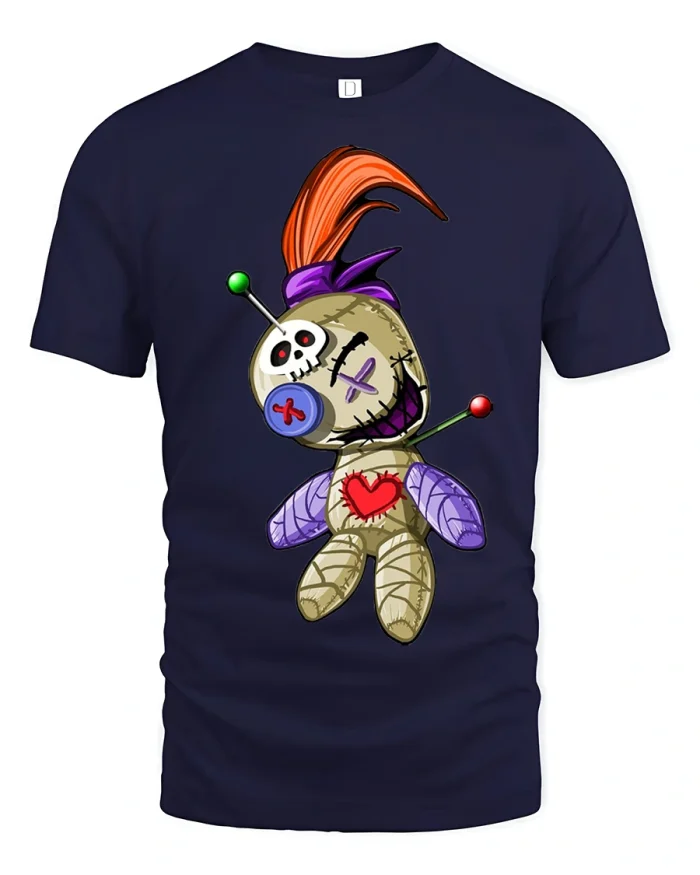 Voodoo Doll Heart Stitch Funny Horror Graphic Tee - navy t-shirt on white background