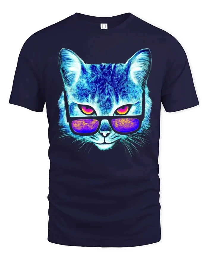 Cool Neon Cat Sunglasses Tee - Vibrant Trendy Graphic T-Shirt - navy t-shirt on white background