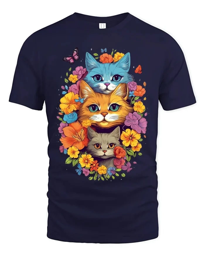 Floral Trio Cat Tee with Colorful Blossoms and Cute Kittens - navy t-shirt on white background