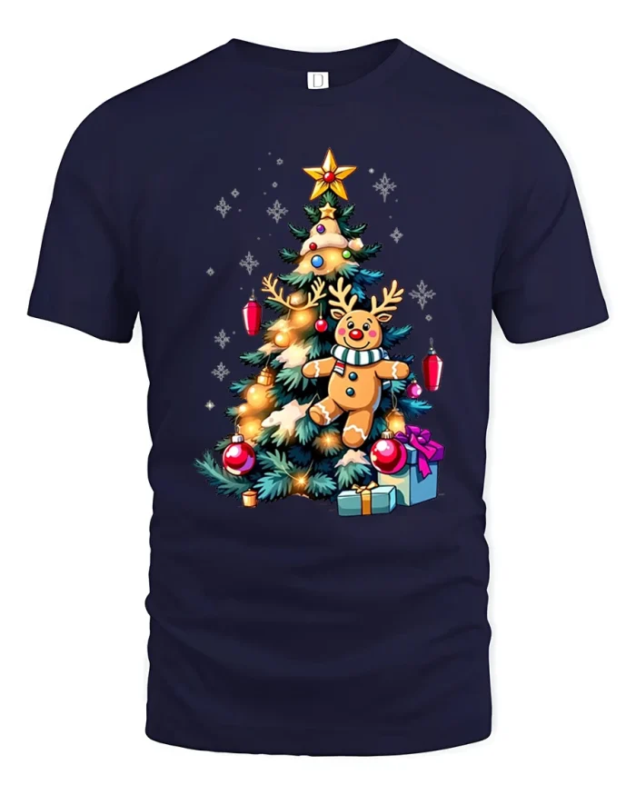 Festive Gingerbread Reindeer Christmas Tree Lights Tee - navy t-shirt on white background