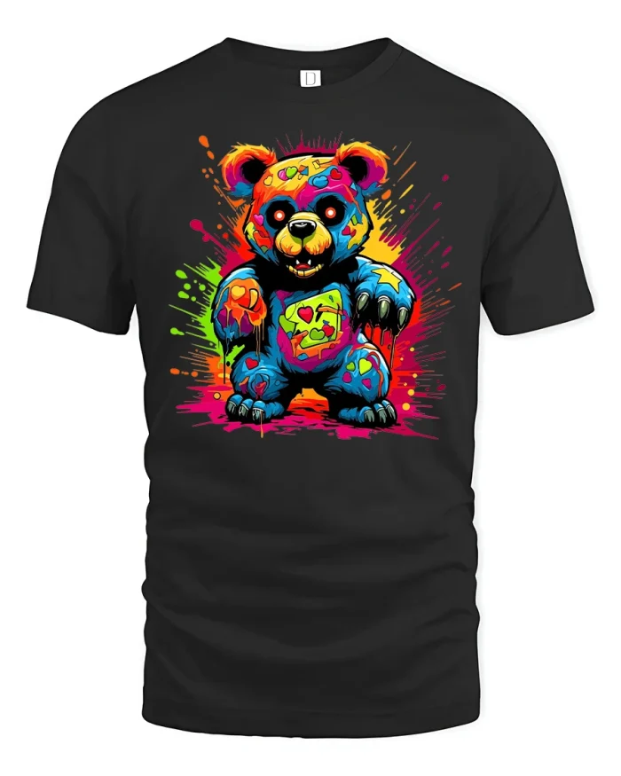 Psychedelic Neon Bear Art Splash Graphic Tee for Street Style - black t-shirt on white background
