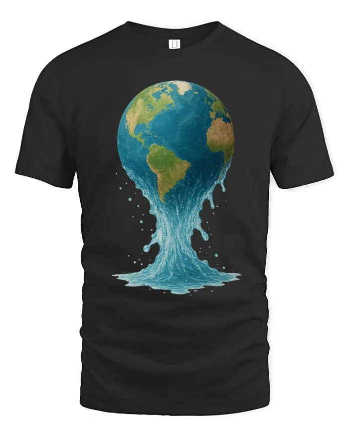 Melting Earth Water Flow Environmental Awareness Graphic Tee - black t-shirt on white background