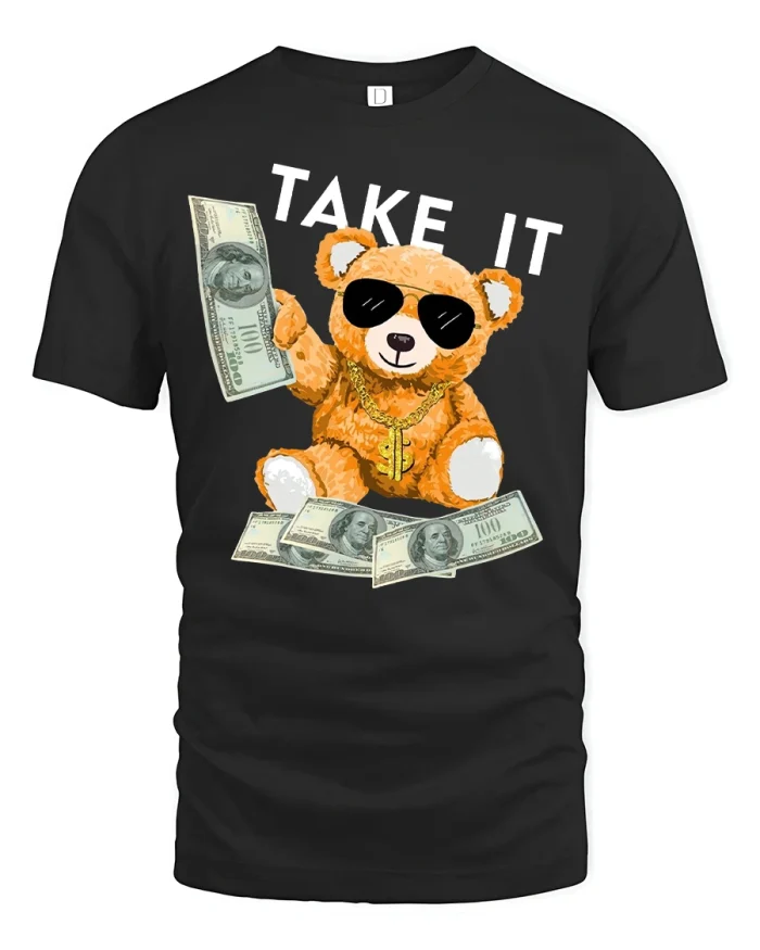 Funny Money Bear Take It Graphic Tee with Cool Hip-Hop Style - black t-shirt on white background