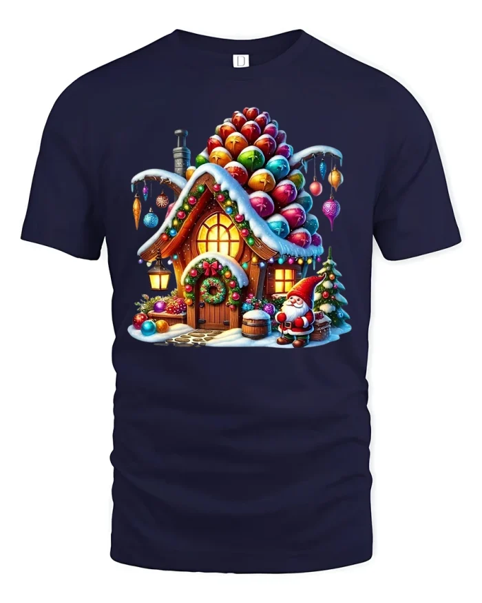 Colorful Christmas Gnome House Winter Holiday Graphic Tee - navy t-shirt on white background