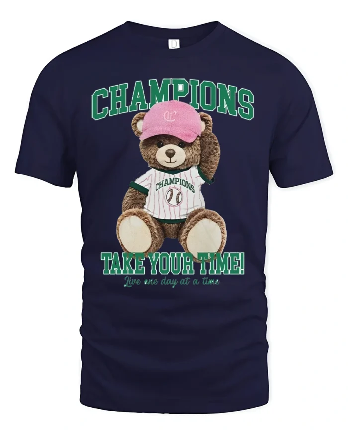 Champions Teddy Bear Motivational Sports Graphic Tee - navy t-shirt on white background