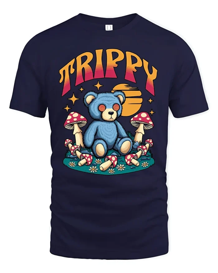 Trippy Teddy Bear Psychedelic Mushrooms Retro Vibe Graphic Tee - navy t-shirt on white background