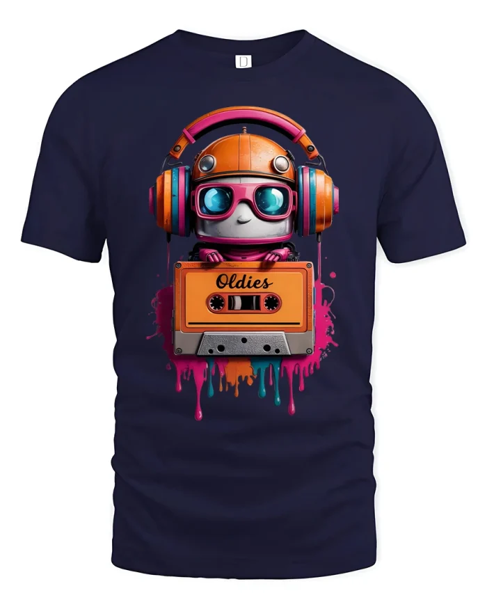 Retro Robot Oldies Cassette Colorful Music Lover Graphic Tee - navy t-shirt on white background