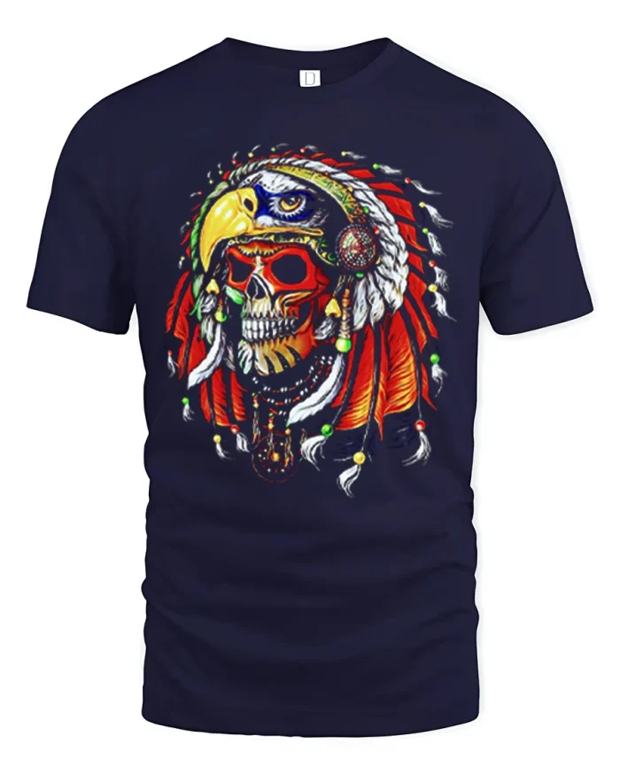 Warrior Skull Eagle Headdress Bold Tribal Art Graphic Tee - navy t-shirt on white background