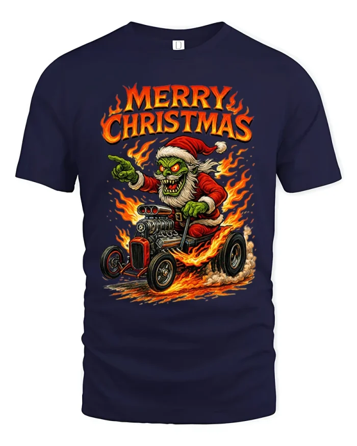 Hot Rod Monster Santa Merry Christmas Funny Graphic Tee - navy t-shirt on white background