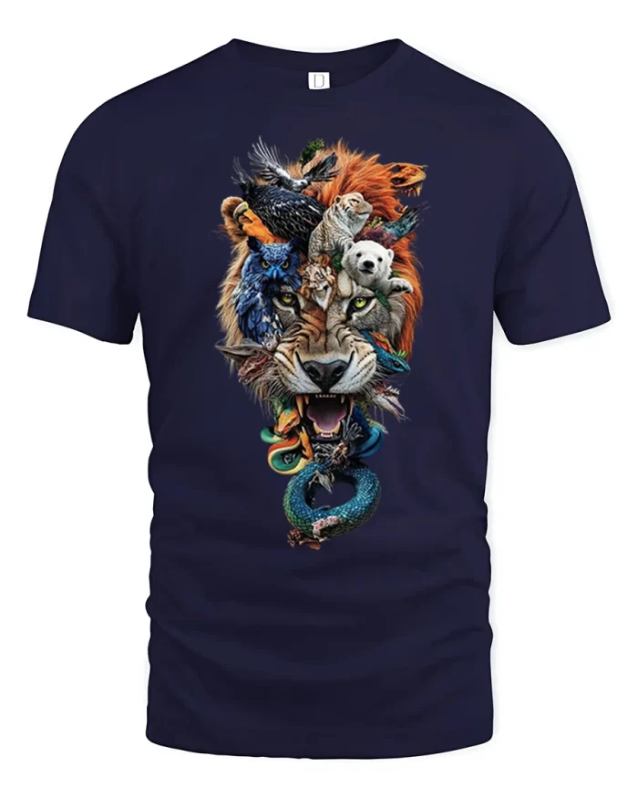 Wild Animal Collage Lion Head Powerful Nature Graphic Tee - navy t-shirt on white background