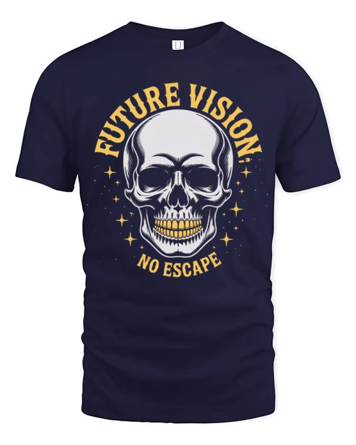 Future Vision Skull No Escape Bold Dark Graphic Tee - navy t-shirt on white background