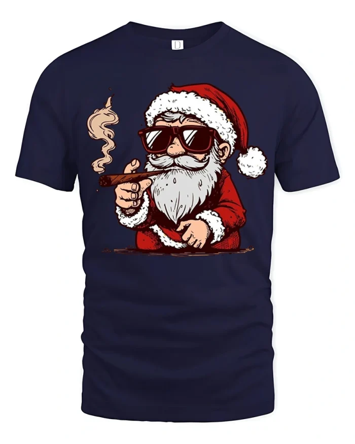 Cool Santa Smoking Cigar Funny Christmas Attitude Graphic Tee - navy t-shirt on white background