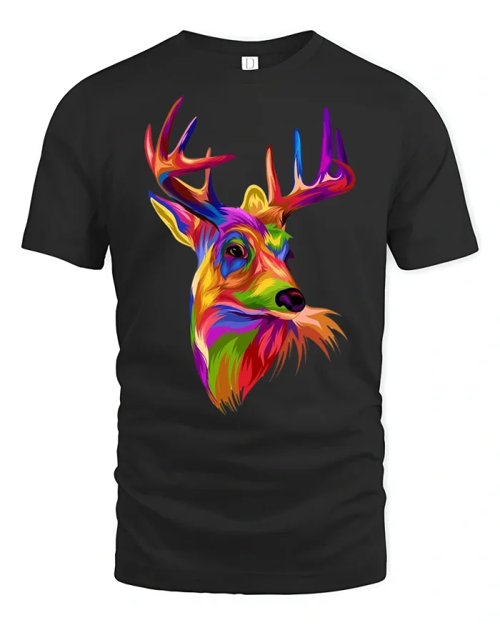 Colorful Deer Head Art Cool Wildlife Graphic T-Shirt - black t-shirt on white background
