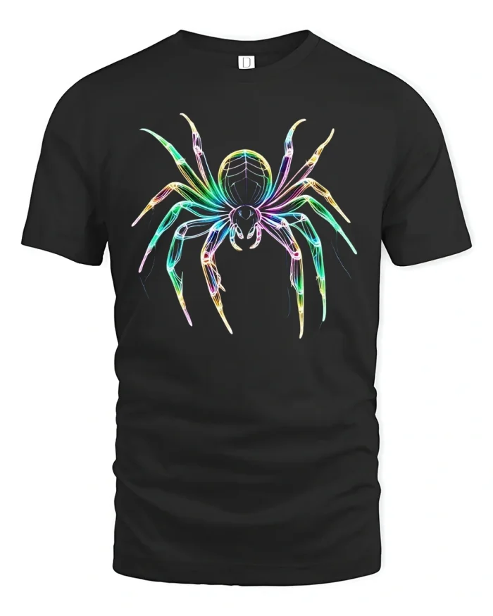 Neon Glow Spider Art Cool Graphic T-Shirt for Men - black t-shirt on white background