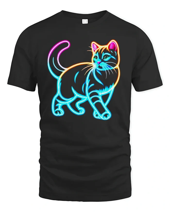 Neon Glow Cat Art Cool Graphic T-Shirt for Cat Lovers - black t-shirt on white background