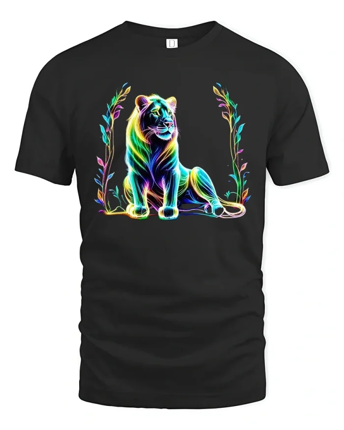 Neon Lion Art Glow Jungle King Graphic T-Shirt - black t-shirt on white background