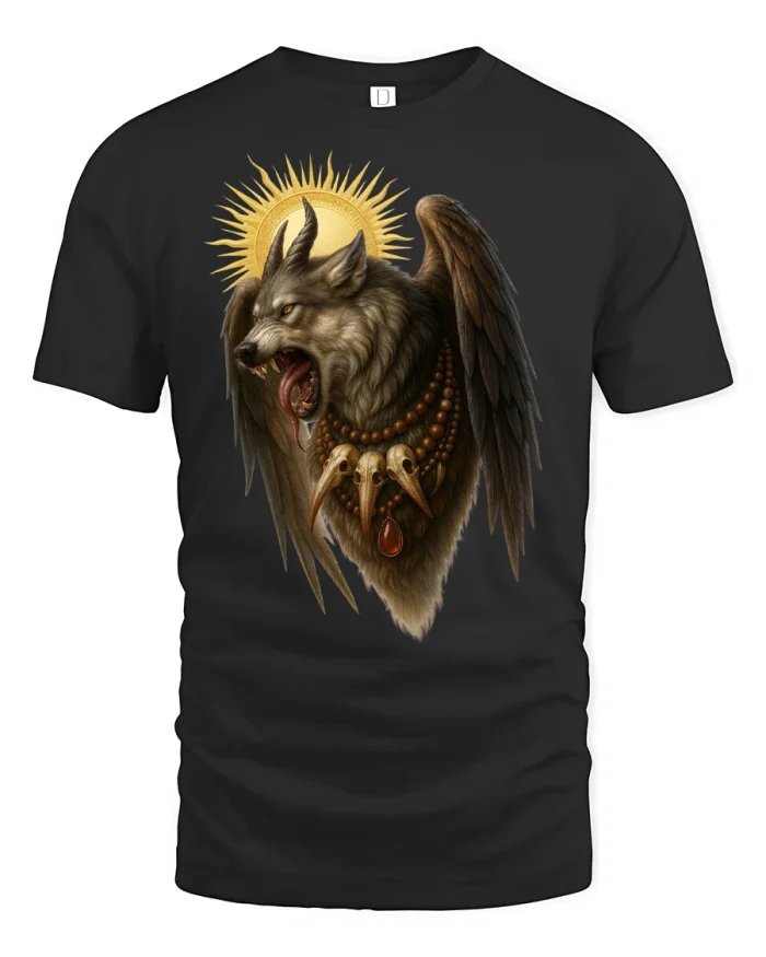 Winged Wolf Sun Art Gothic Fantasy Graphic T-Shirt - black t-shirt on white background