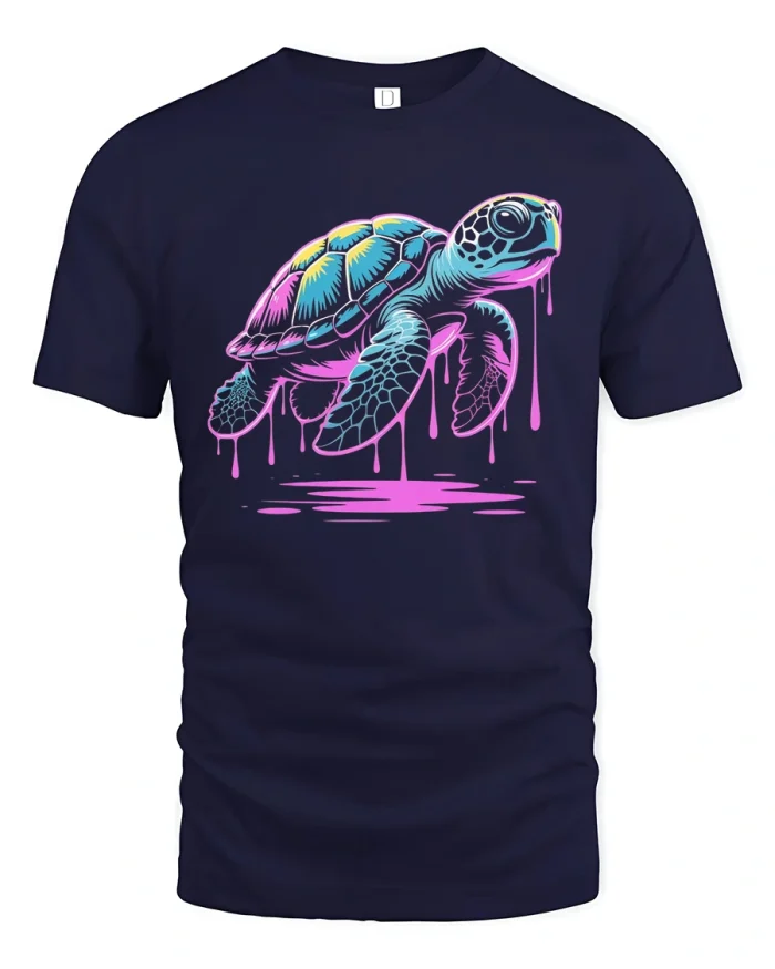 Neon Sea Turtle Art Cool Ocean Lover Graphic T-Shirt - navy t-shirt on white background