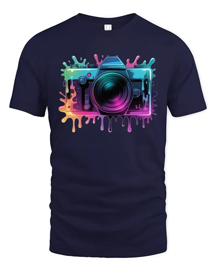 Neon Camera Drip Art Cool Photographer Graphic Tee - navy t-shirt on white background