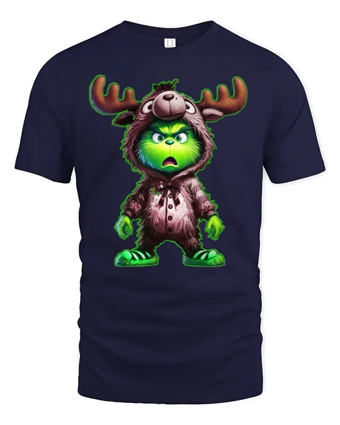 Funny Green Grumpy Moose Costume Christmas T-Shirt - navy t-shirt on white background