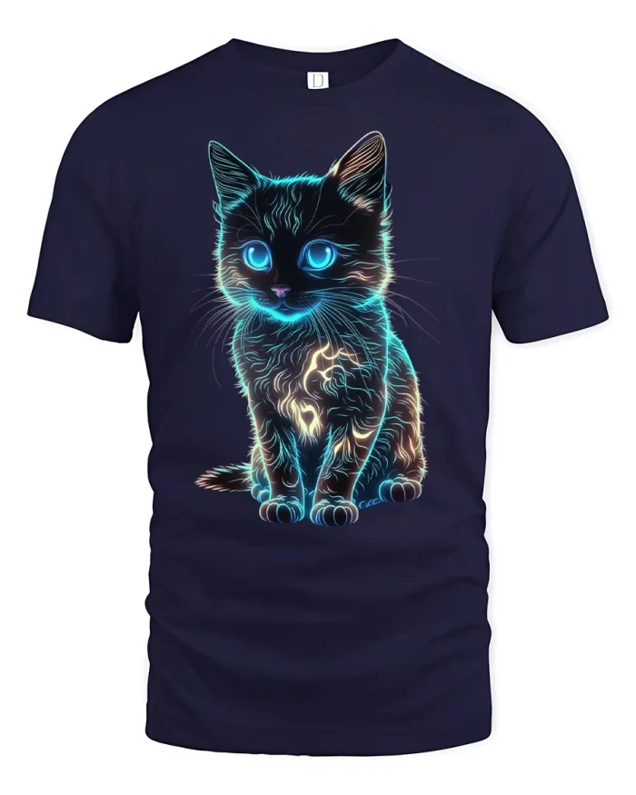 Neon Glowing Cat Art Cool Kitty Graphic T-Shirt - navy t-shirt on white background