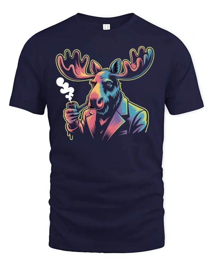 Cool Smoking Moose Art Funny Graphic T-Shirt - navy t-shirt on white background