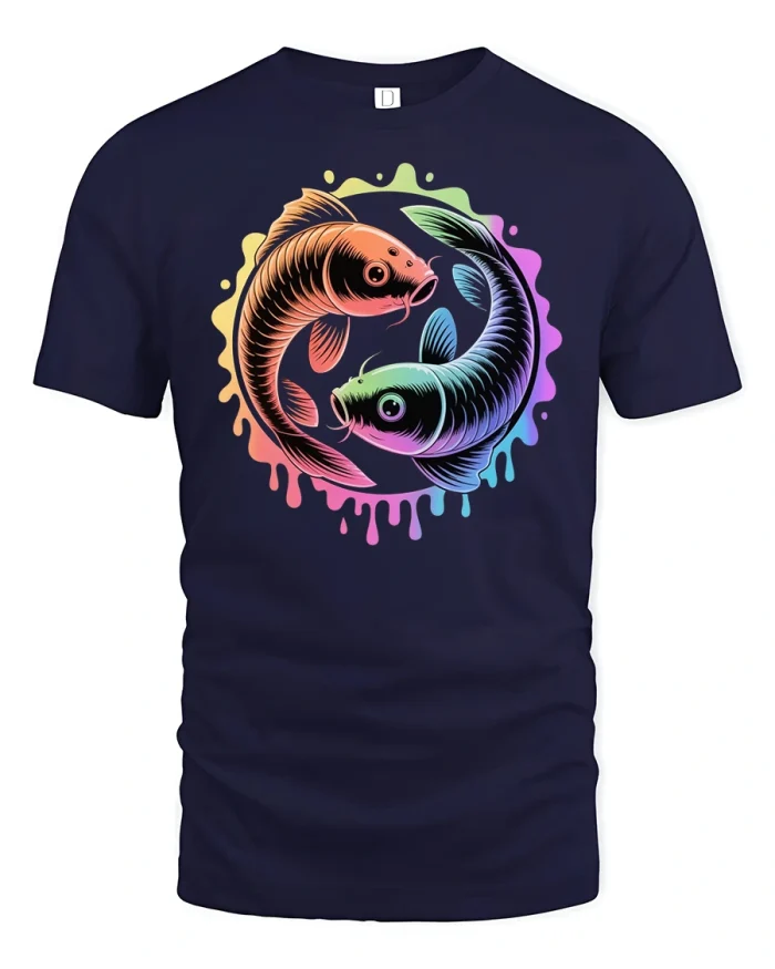 Neon Koi Fish Yin Yang Balance Art Graphic T-Shirt - navy t-shirt on white background