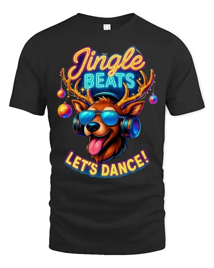Jingle Beats Reindeer DJ Let’s Dance Funny Christmas Tee - black t-shirt on white background