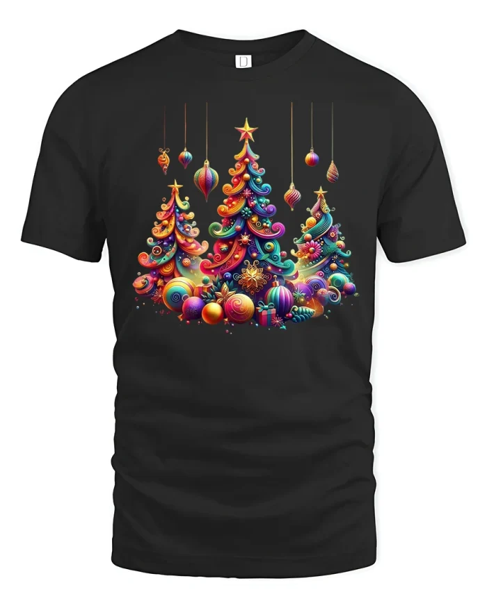 Colorful Christmas Trees Bright Festive Holiday Graphic Tee - black t-shirt on white background