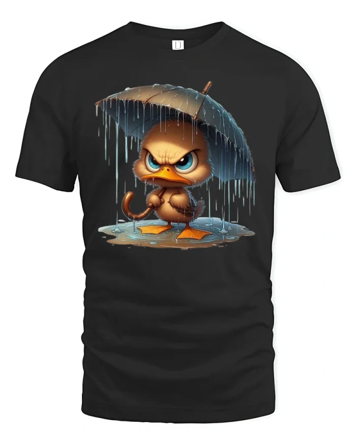 Angry Duck Rainy Day Funny Cartoon Tee for Mood Lovers - black t-shirt on white background