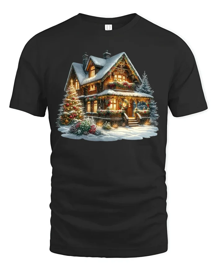Cozy Christmas House Winter Snow Scene Holiday Graphic Tee - black t-shirt on white background