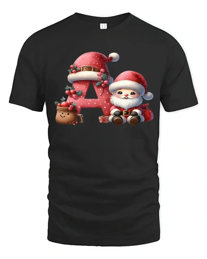 Cute Santa Letter A Personalized Christmas Holiday Graphic Tee - black t-shirt on white background