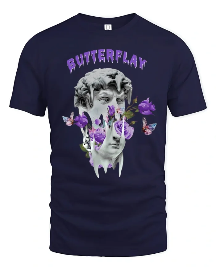 Butterflay Aesthetic Art Tee with Purple Butterflies and Roses - navy t-shirt on white background