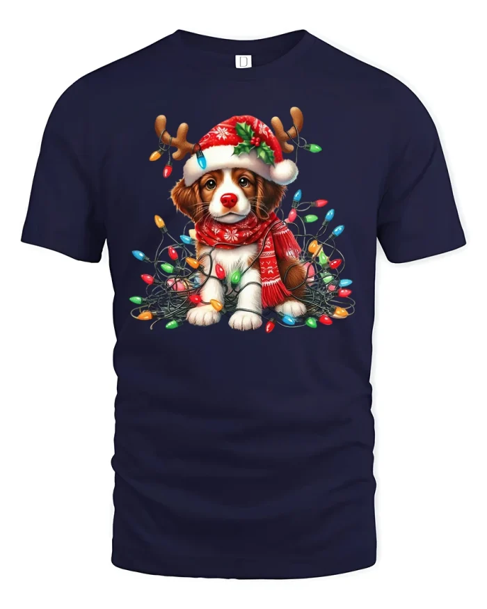 Reindeer Pup Christmas Lights Funny Holiday T-Shirt - navy t-shirt on white background
