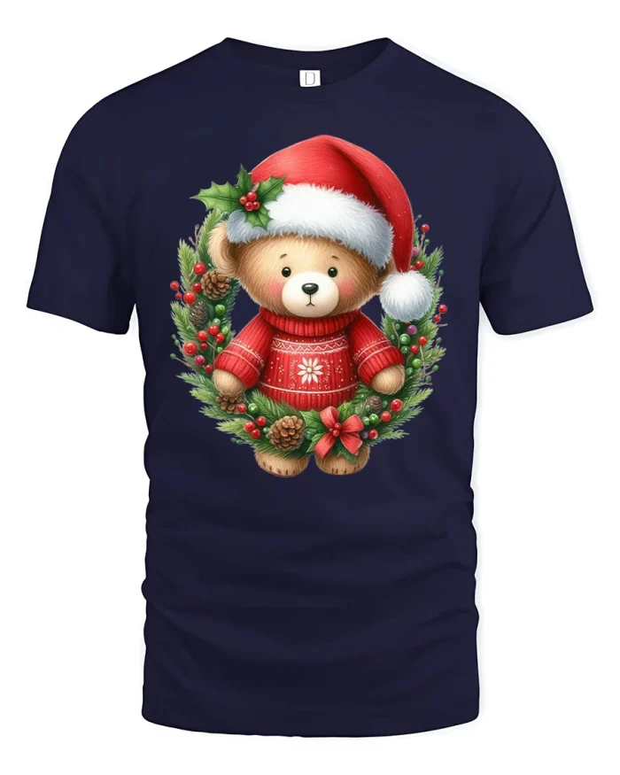 Cute Christmas Teddy Bear Wreath Holiday Tee for Festive Fun - navy t-shirt on white background