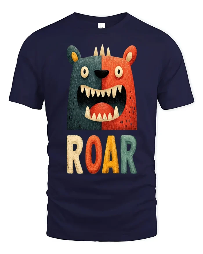 Roaring Monster Art Tee for Kids and Adults - Funny Graphic Tshirt - navy t-shirt on white background