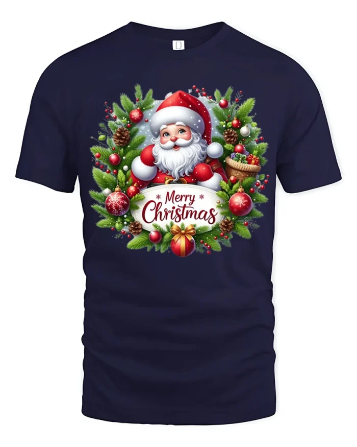 Merry Christmas Santa Wreath Tee Cute Holiday Graphic Tshirt - navy t-shirt on white background