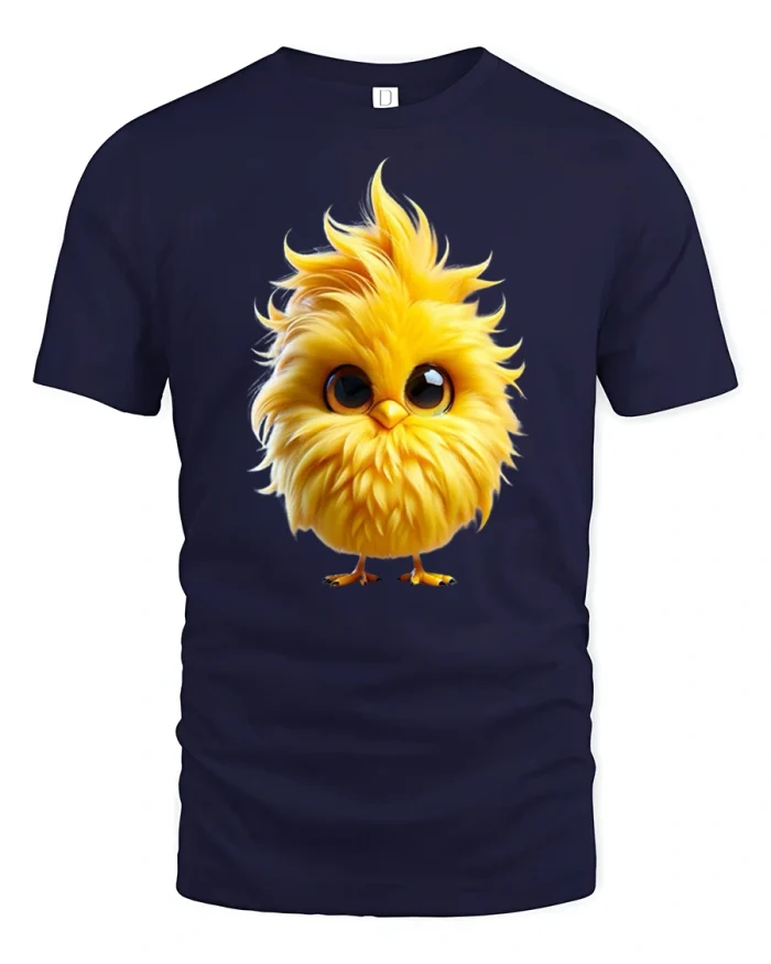 Fluffy Yellow Chick Cute Cartoon Tee for Animal Lovers - navy t-shirt on white background