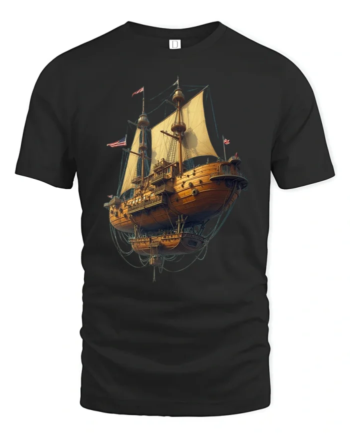 Flying Pirate Ship Fantasy Voyage Art Graphic T-Shirt - black t-shirt on white background