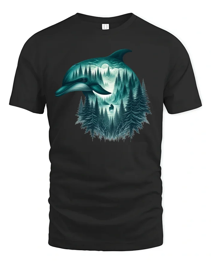 Forest Dolphin Nature Dreamscape Art Graphic T-Shirt - black t-shirt on white background