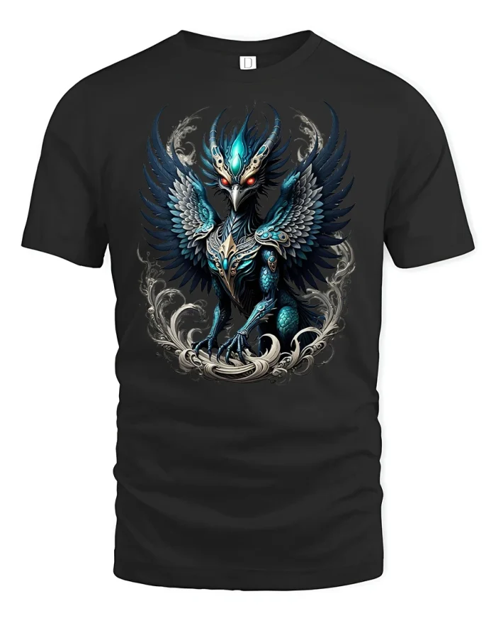 Mystic Blue Phoenix Dragon Fantasy Power Graphic Tee - black t-shirt on white background
