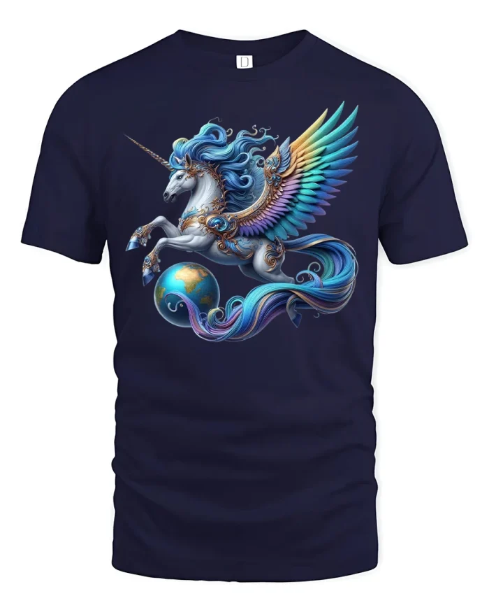 Majestic Pegasus Unicorn Fantasy World Art T-Shirt - navy t-shirt on white background